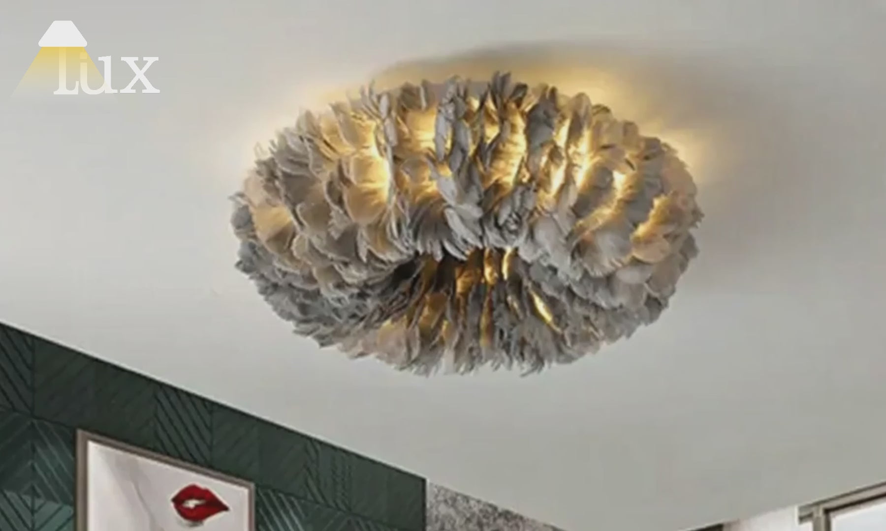 Lunara Art-Deco-Runddeckenleuchte „Art Feather“ – Weiß/Gelb/Rosa/Grau, Schlafzimmer