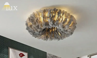 Lunara Art-Deco-Runddeckenleuchte „Art Feather“ – Weiß/Gelb/Rosa/Grau, Schlafzimmer