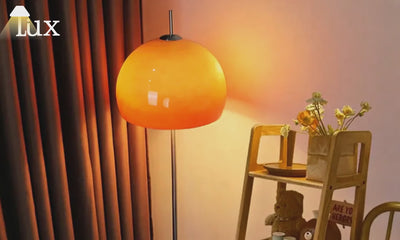Crema Moderne runde Stehlampe - Metall/Glas in Orange für das Wohnzimmer
