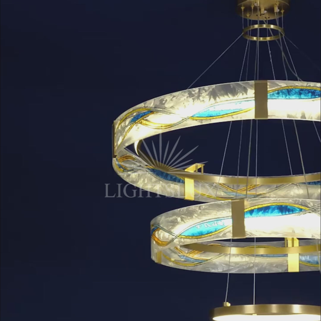 Art-déco-Emaille-Kronleuchter – strukturiertes Glas gebürstetes Messing Blau Bernstein für Esszimmer